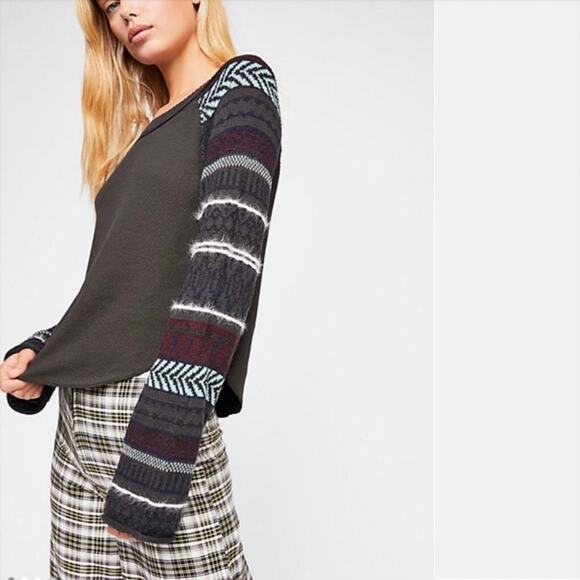 Free People Black Combo Fairground Thermal LS Tee Sweater Medium NWT - Picture 1 of 9